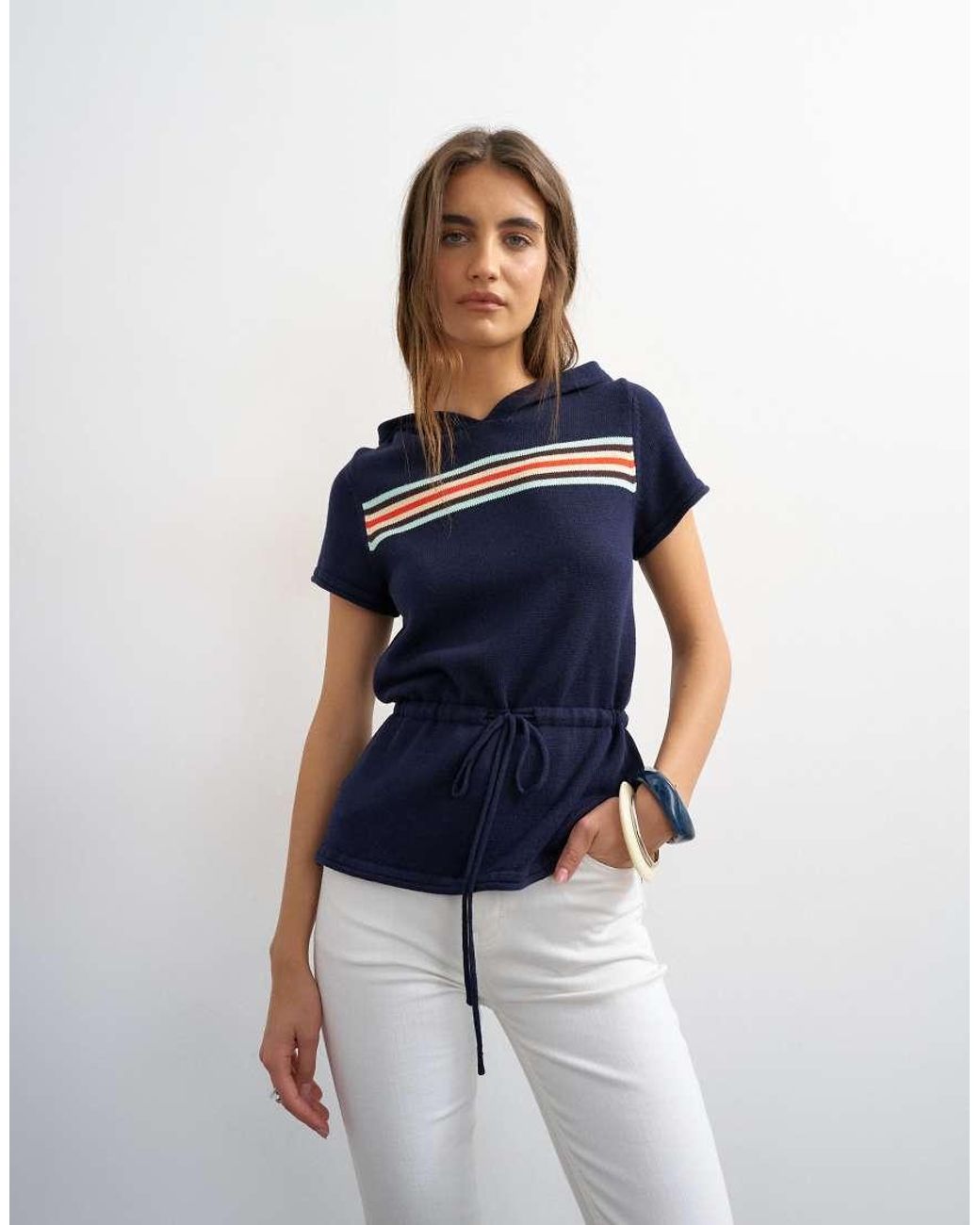 TOPSHOP Blue Knitted Short Sleeve Sporty Hooded Stripe Cinch Waist Top