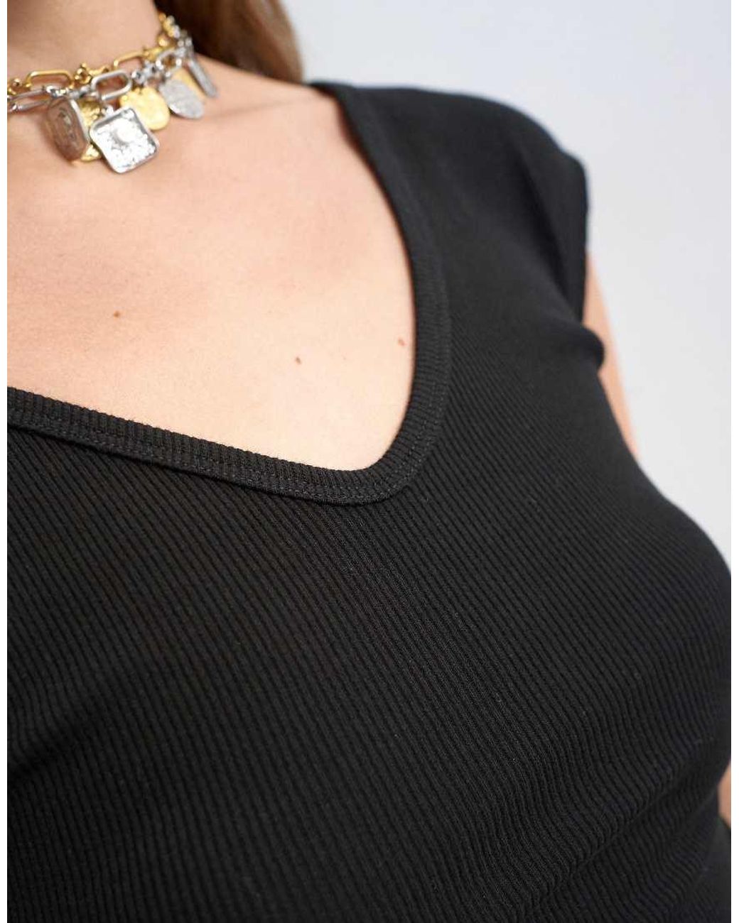 TOPSHOP Black Rib V-Neck Cap Sleeve Tank