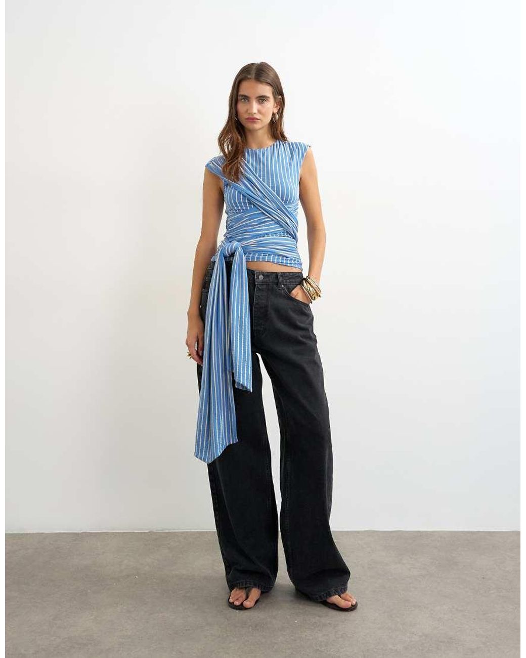 TOPSHOP Blue Stripe Wrap Detail Tee