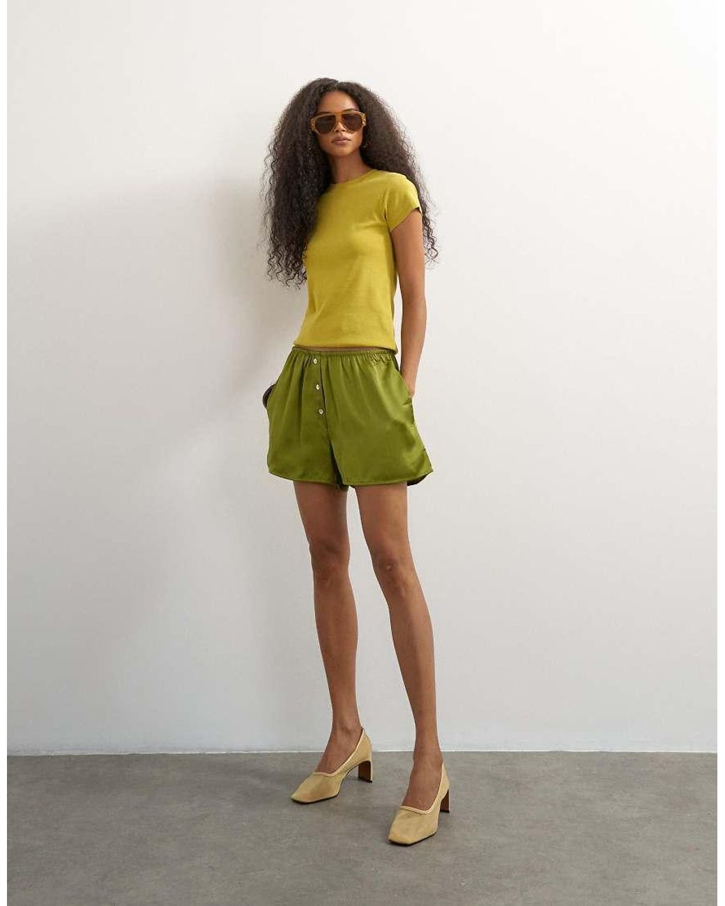 TOPSHOP Green Satin Button Detail Short
