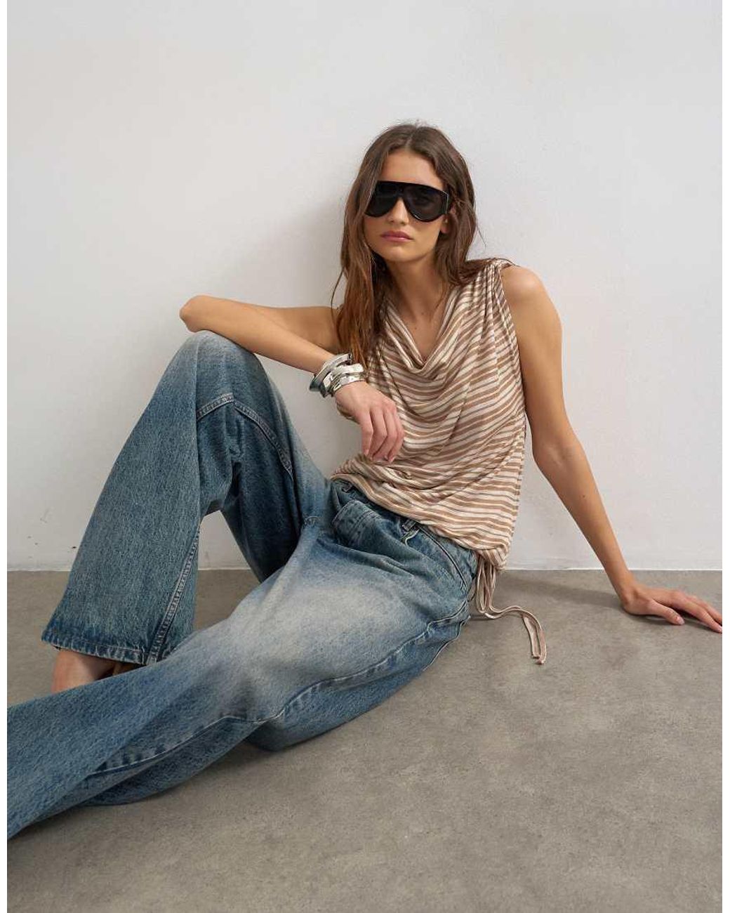 TOPSHOP Blue Stripe Linen Look Cowl Ruched Side Top