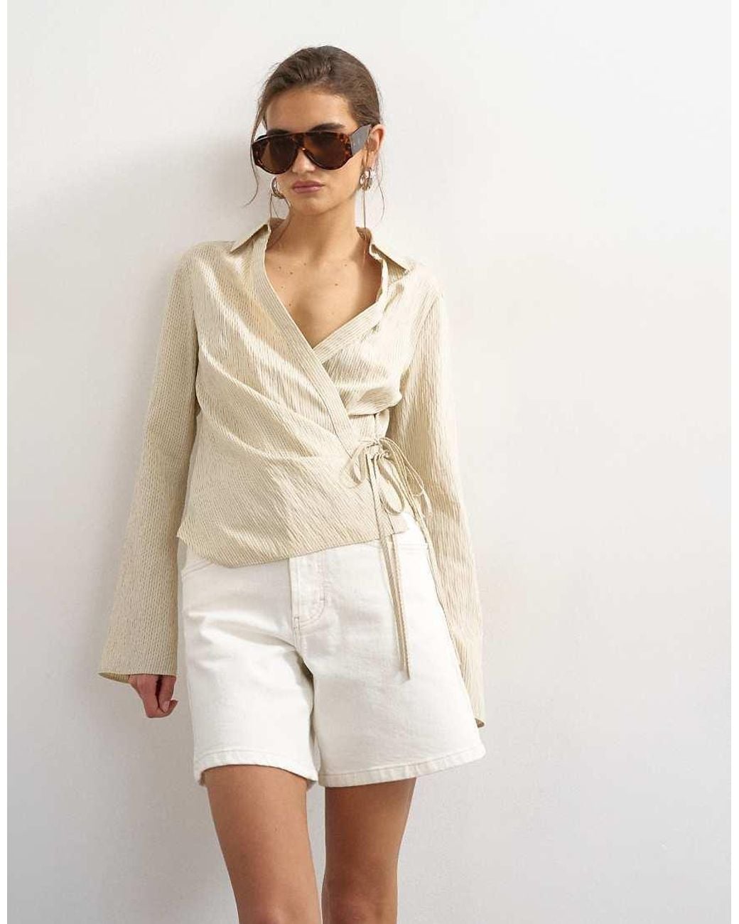 TOPSHOP Natural Stripe Asymmetric Wrap Tie Shirt