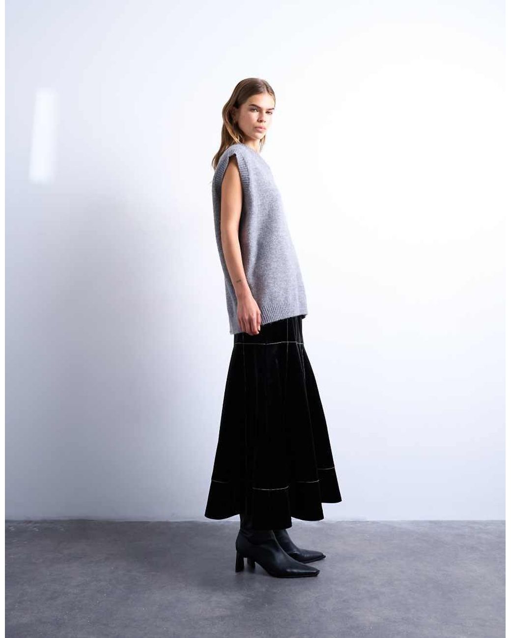 TOPSHOP White Dropwaist Contrast Stitched Pu Maxi Skirt