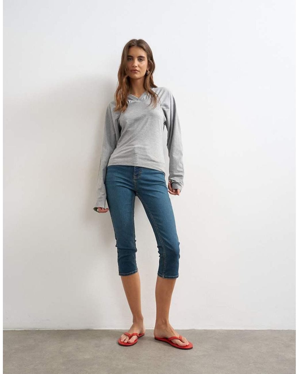 TOPSHOP Gray Gather Yoke Seam Long Sleeve Top