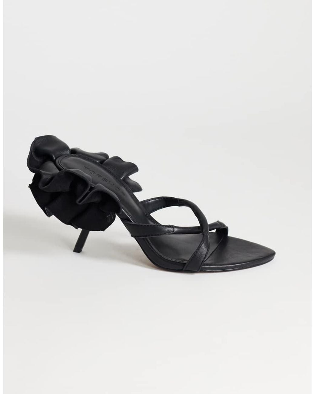 TOPSHOP Black Ophelia Real Leather High Heeled Sandal With Ruffle
