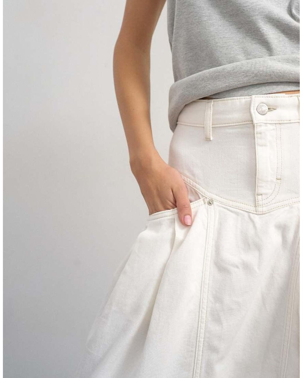 TOPSHOP White Denim Pleated Maxi Skirt