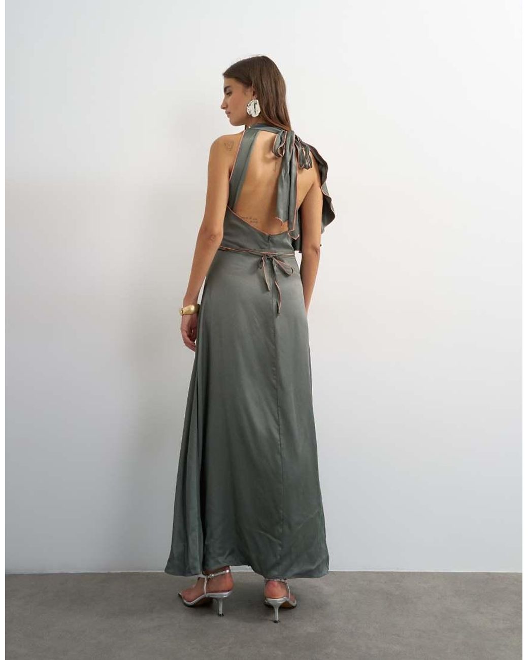 TOPSHOP Gray Satin High Cowl Neck Asymmetric Maxi Dress With Peach Contrast Trim