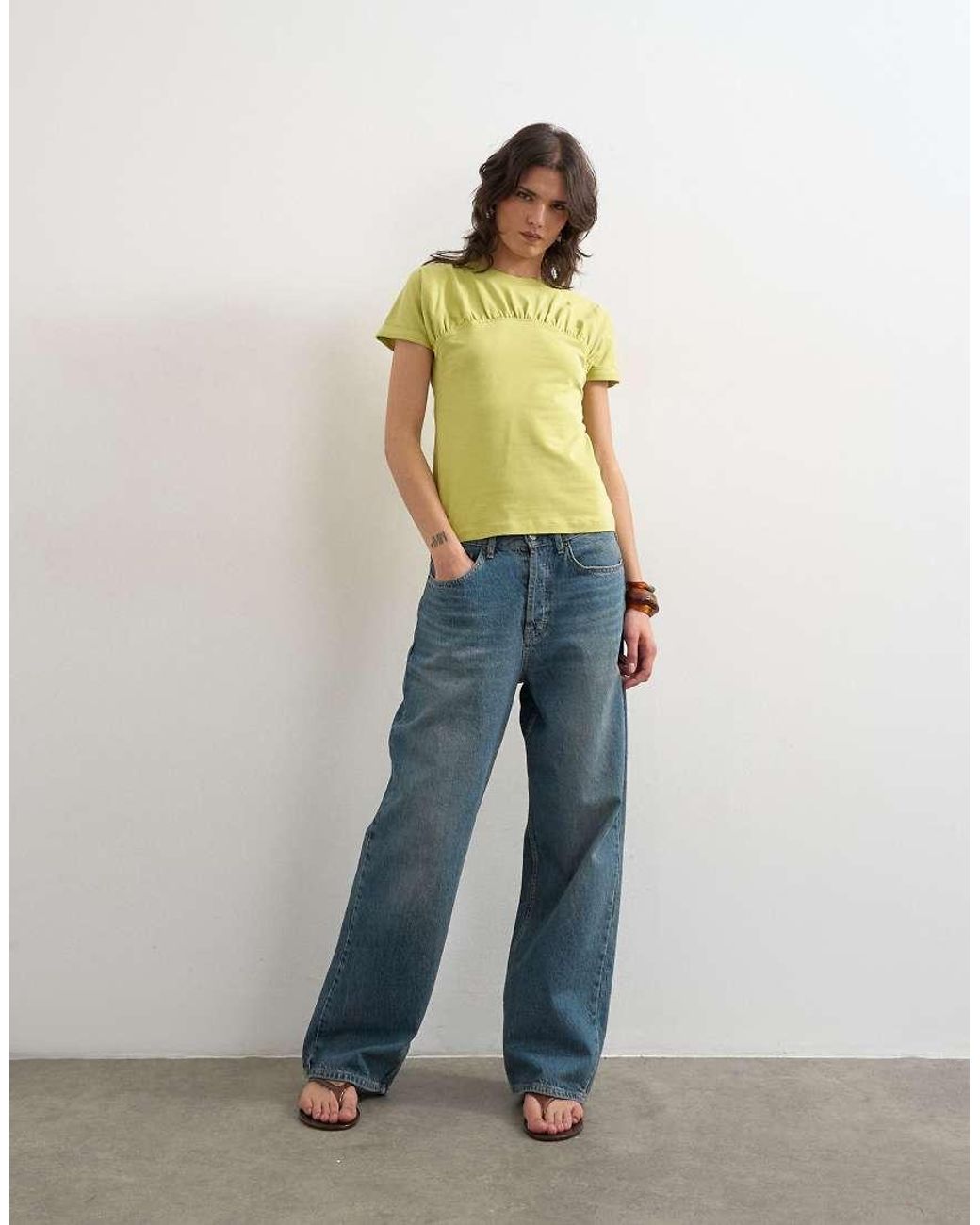 TOPSHOP Yellow Gathered Yoke Cap Sleeve T-shirt