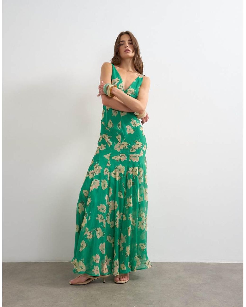 TOPSHOP Green Chiffon Maxi Dress With Seam Detail