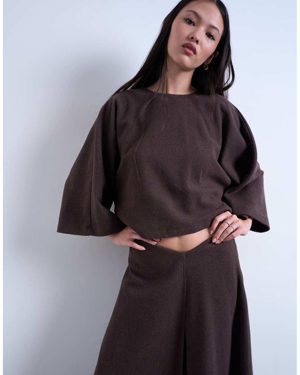TOPSHOP Brown Soft-touch Hanky Hem Asymmetric Skirt
