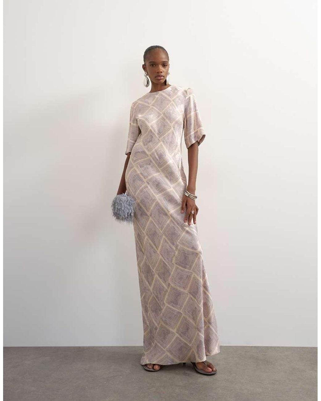 TOPSHOP Natural Satin Jacquard Slash Neck Maxi Dress