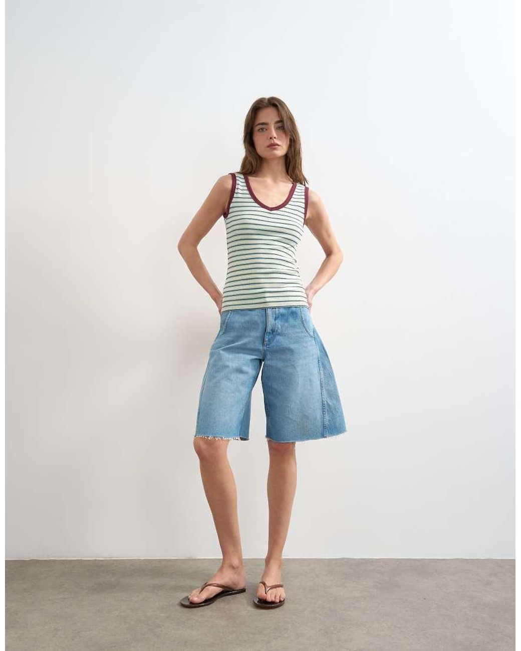 TOPSHOP Blue Stripe Rib V-neck Singlet