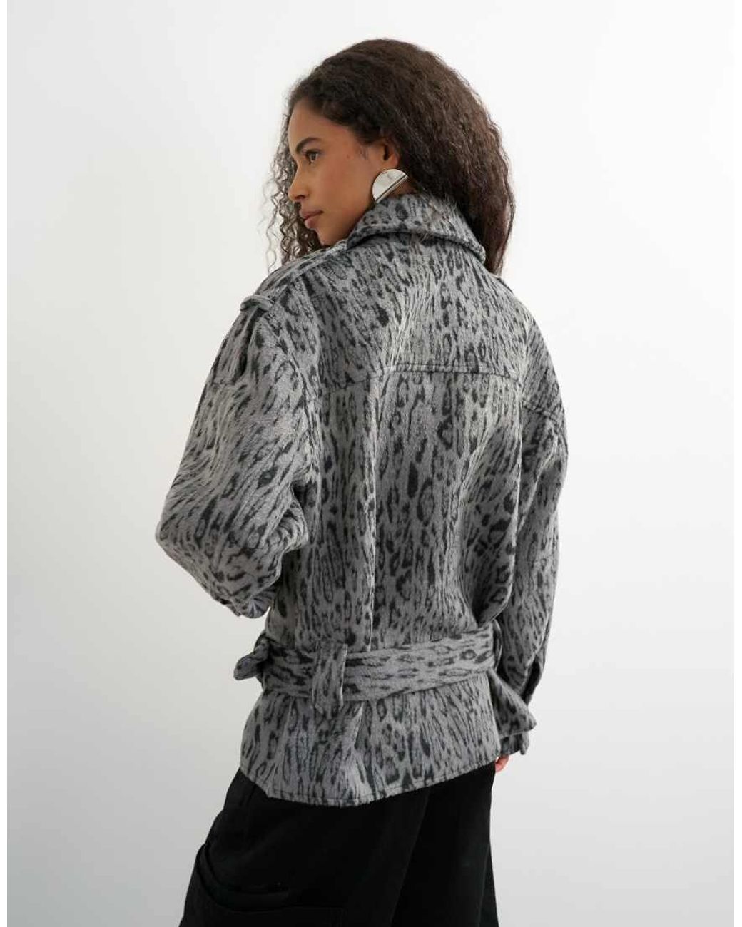 TOPSHOP Gray Animal Printed Wool Blend Belted Jacket