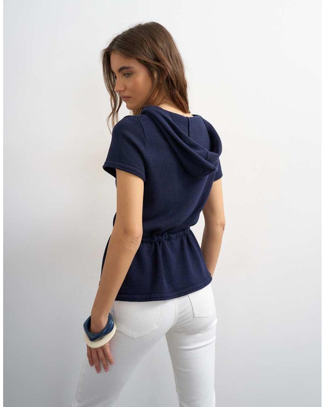 TOPSHOP Blue Knitted Short Sleeve Sporty Hooded Stripe Cinch Waist Top