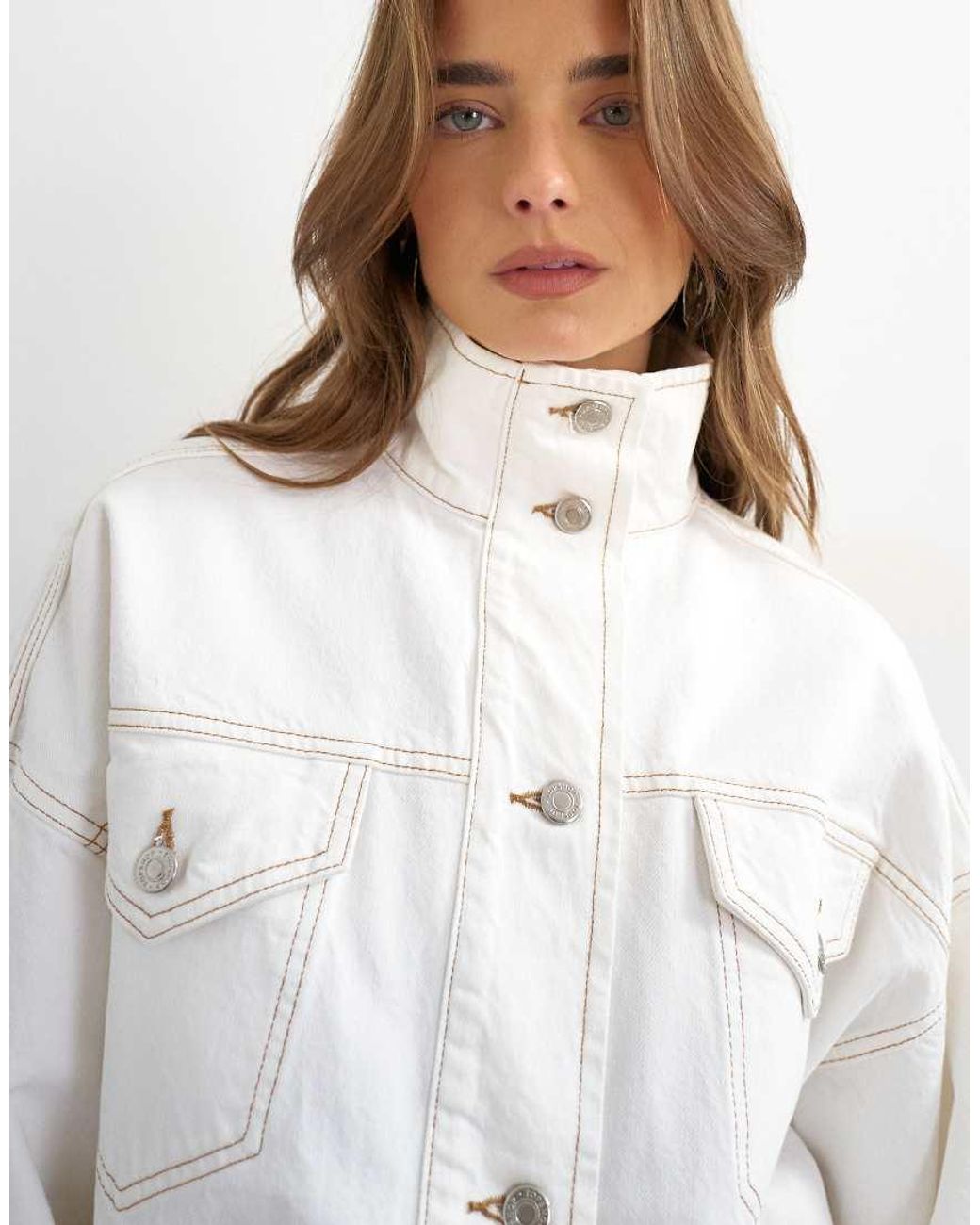 TOPSHOP White Denim Funnel Neck Elastic Hem Detail Jacket
