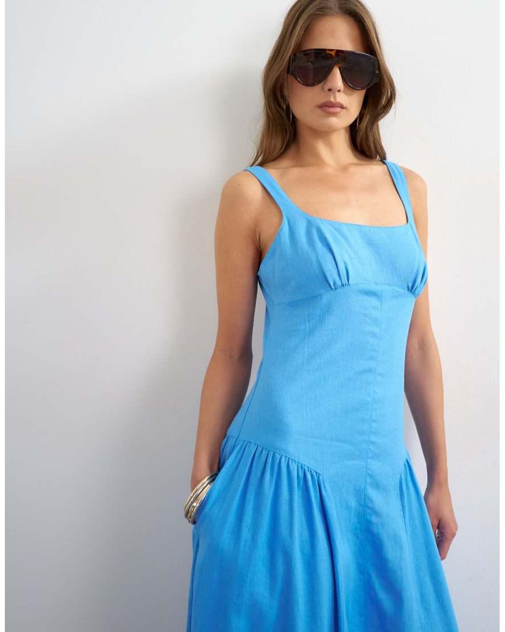 TOPSHOP Blue Linen Rich Dropped Waist Maxi Sundress