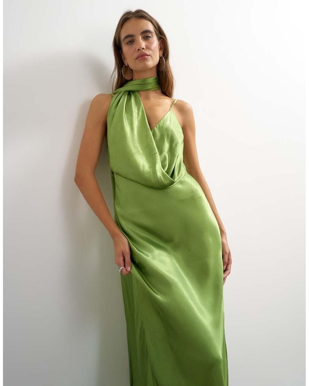 TOPSHOP Green Satin Slip Maxi Dress With Scarf Neck Detail