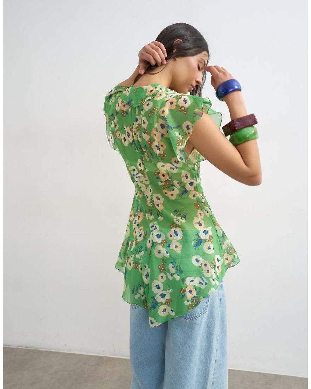 TOPSHOP Green Ruffle V Neck Top