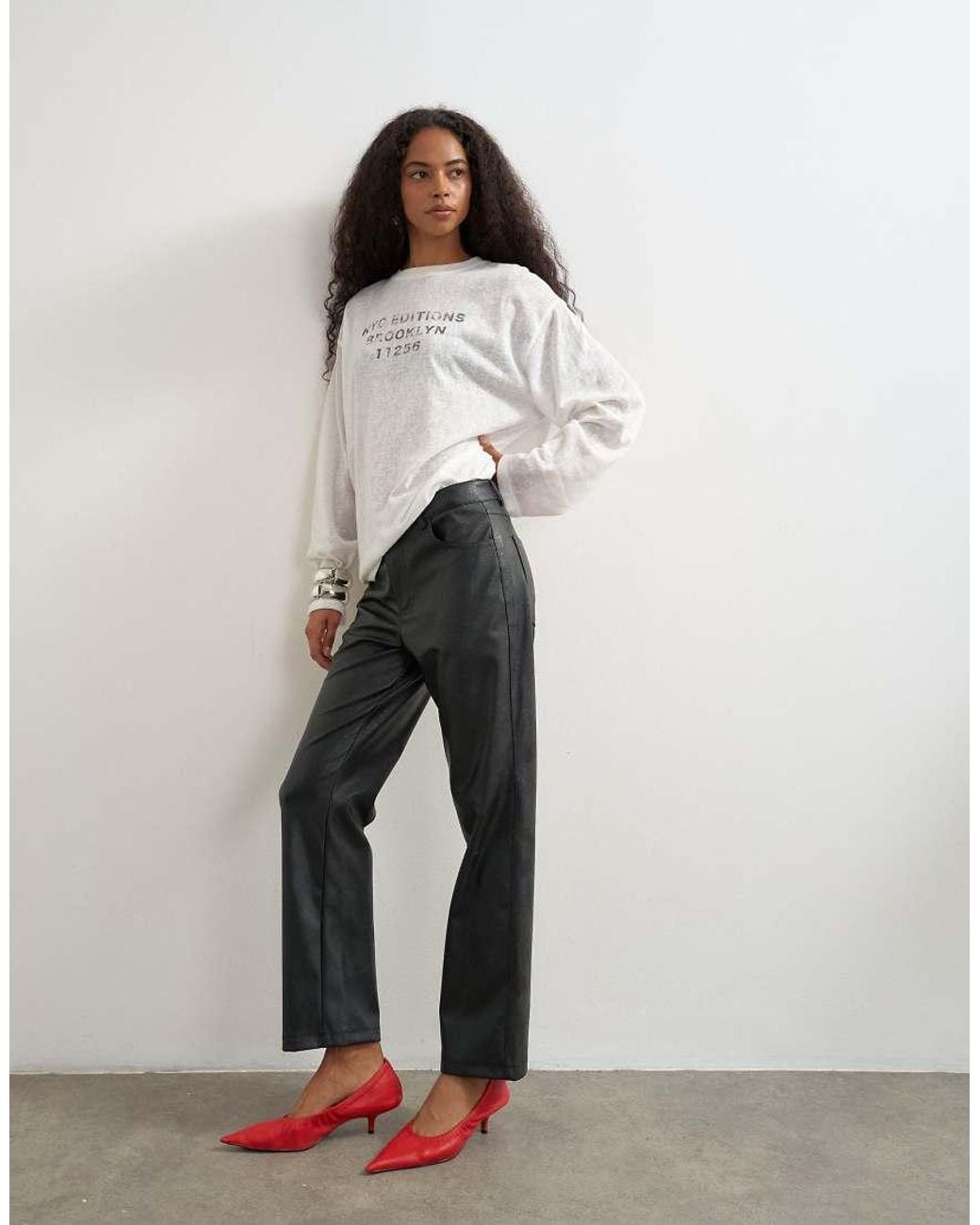 TOPSHOP Black Faux Leather Straight Leg Trousers