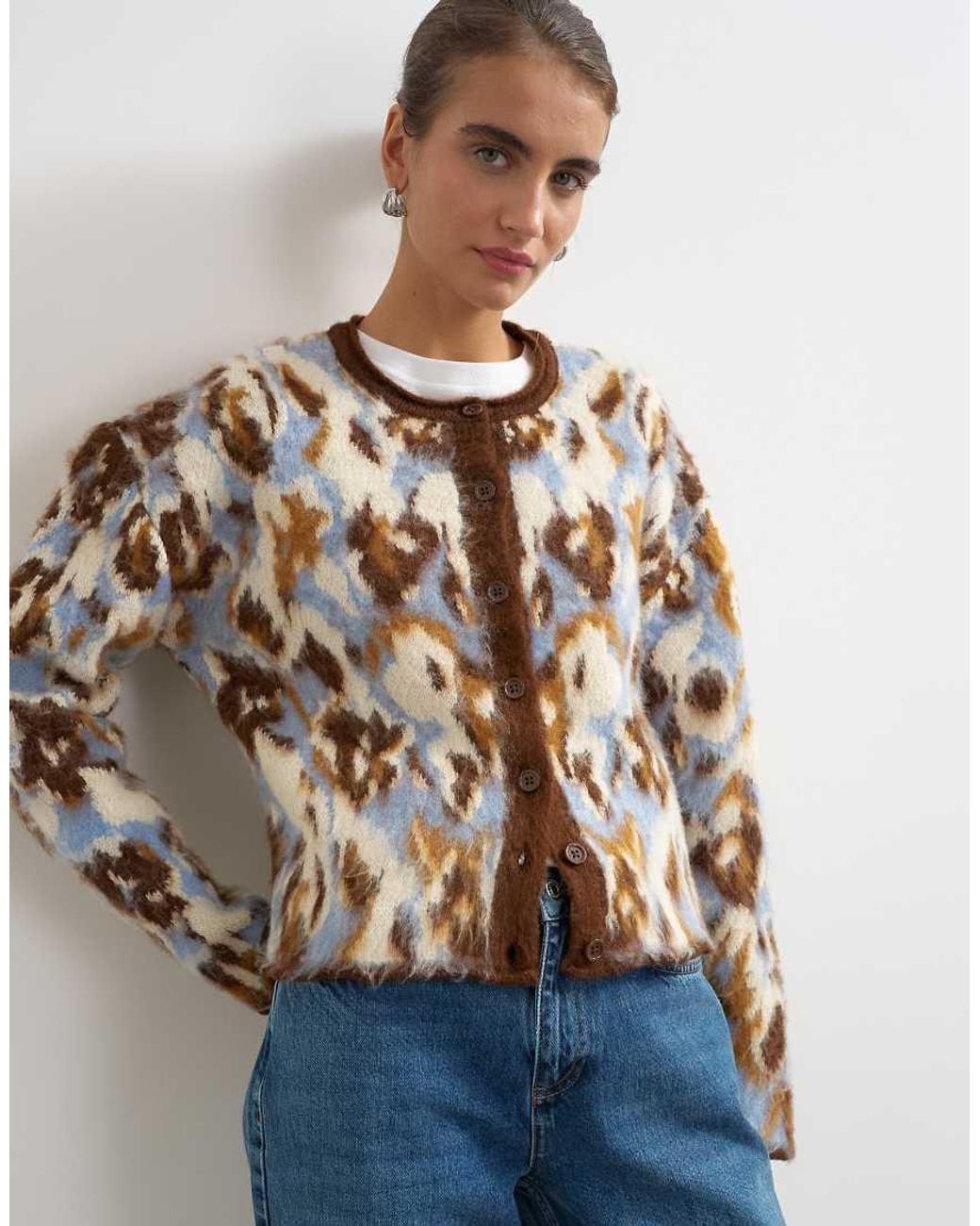 TOPSHOP Blue Knitted Hairy Crew Neck Cardigan