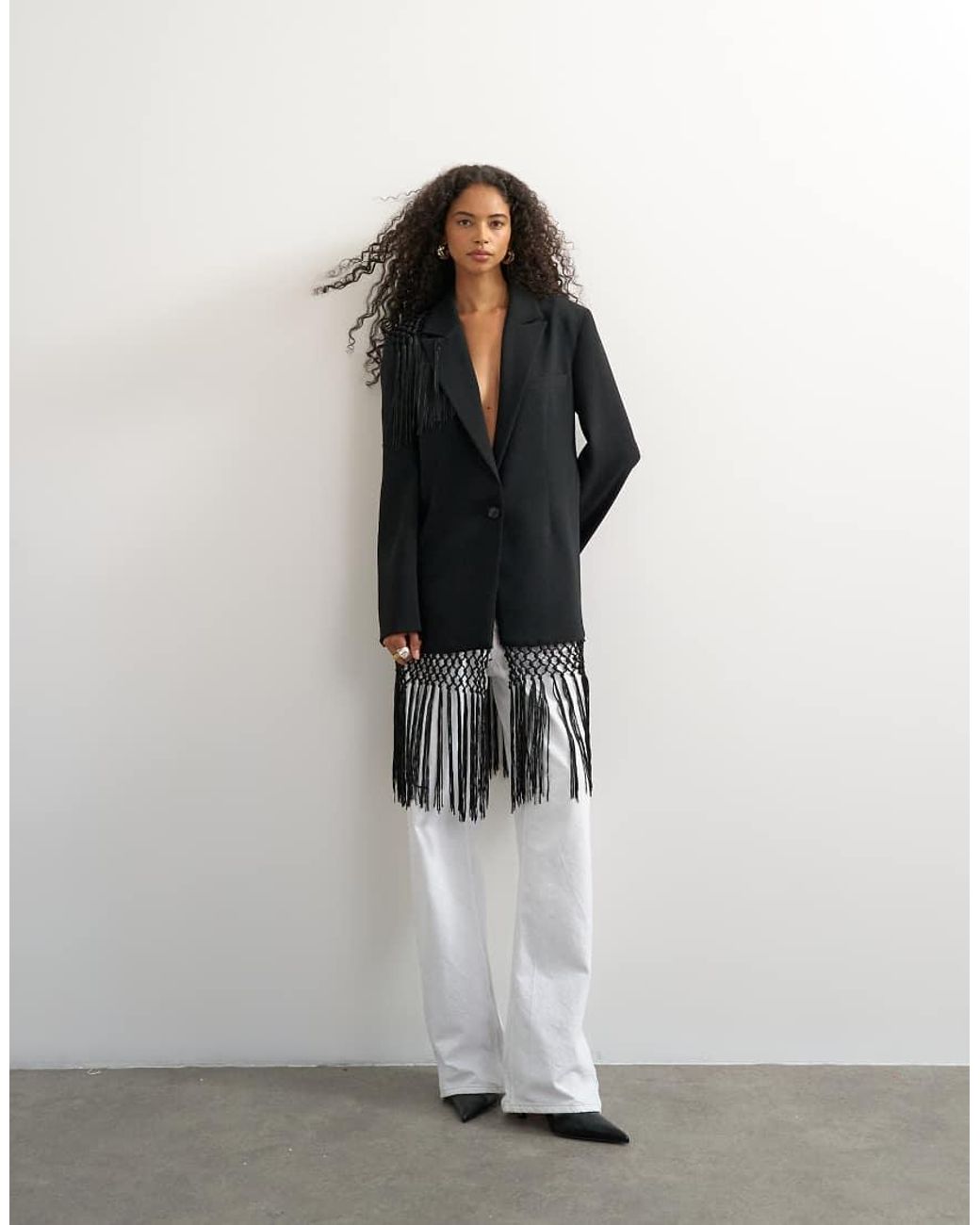 TOPSHOP White Blazer With Fringe Detail