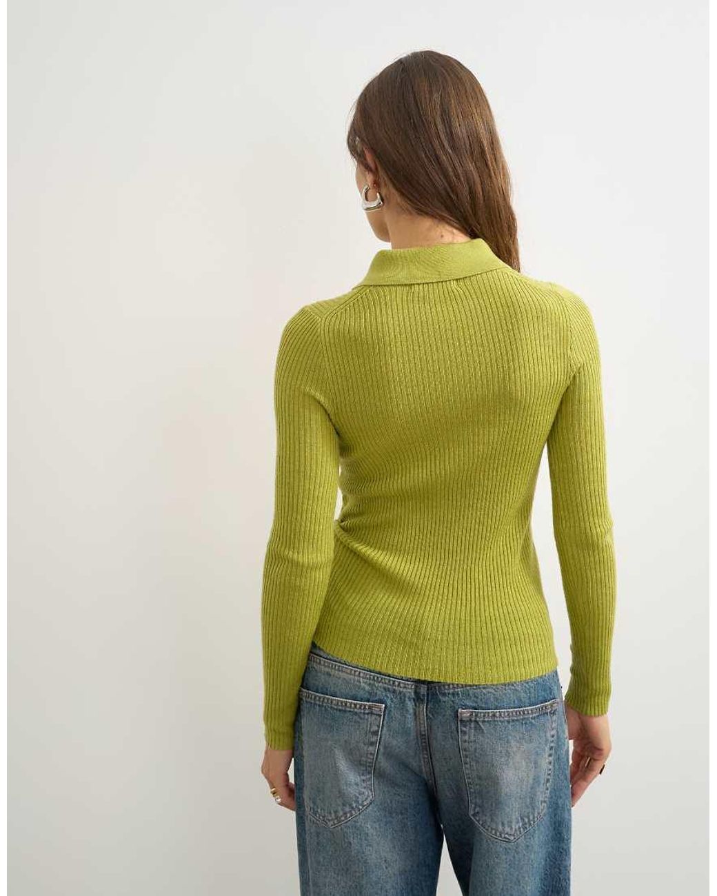 TOPSHOP Green Knitted Side Twist Polo Top With Wool