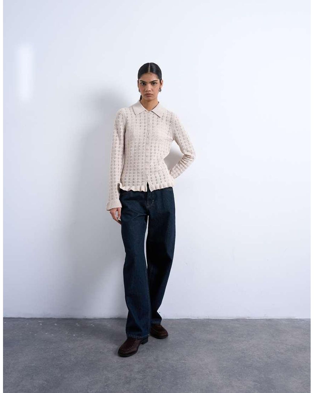 TOPSHOP Blue Knitted Button Through Frill Top