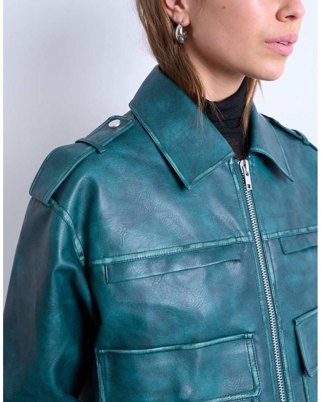 TOPSHOP Blue Faux Leather Heavy Washed Zip Through Jacket