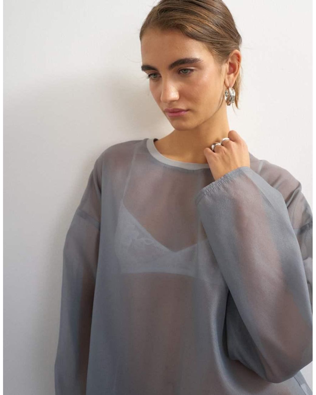 TOPSHOP Gray Organza Crew Neck Oversized Top