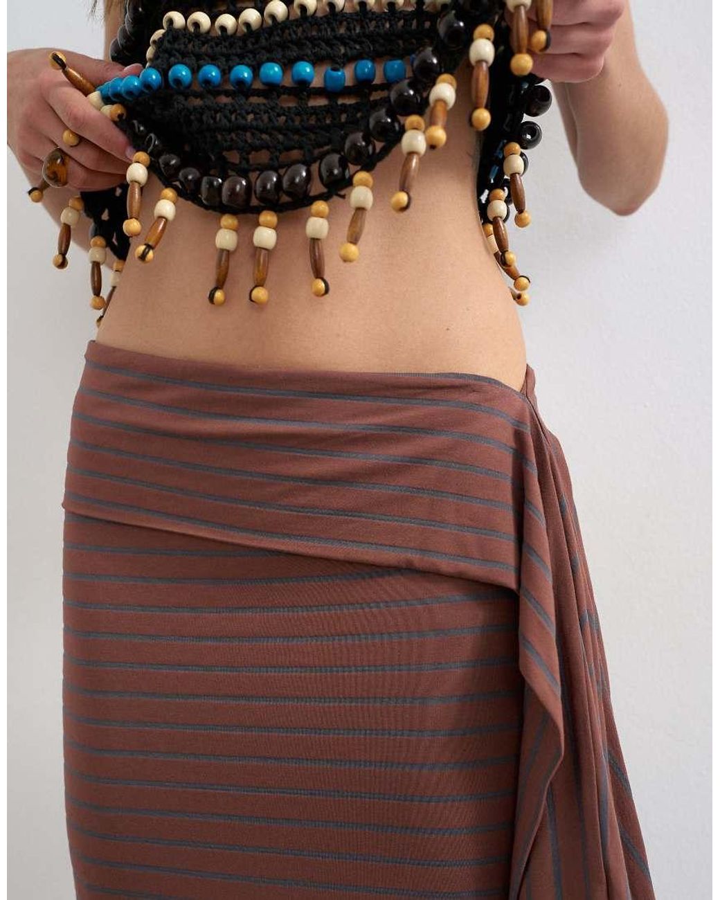 TOPSHOP Brown Stripe Draped Midi Skirt