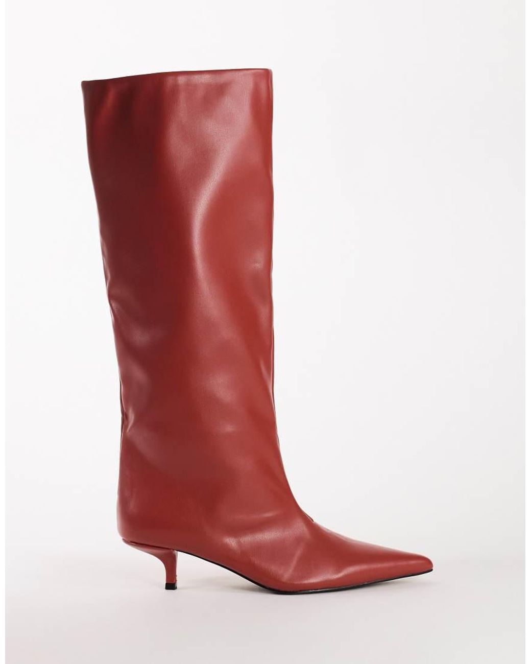 TOPSHOP Red Tina Real Leather Kitten Heel Knee Boot