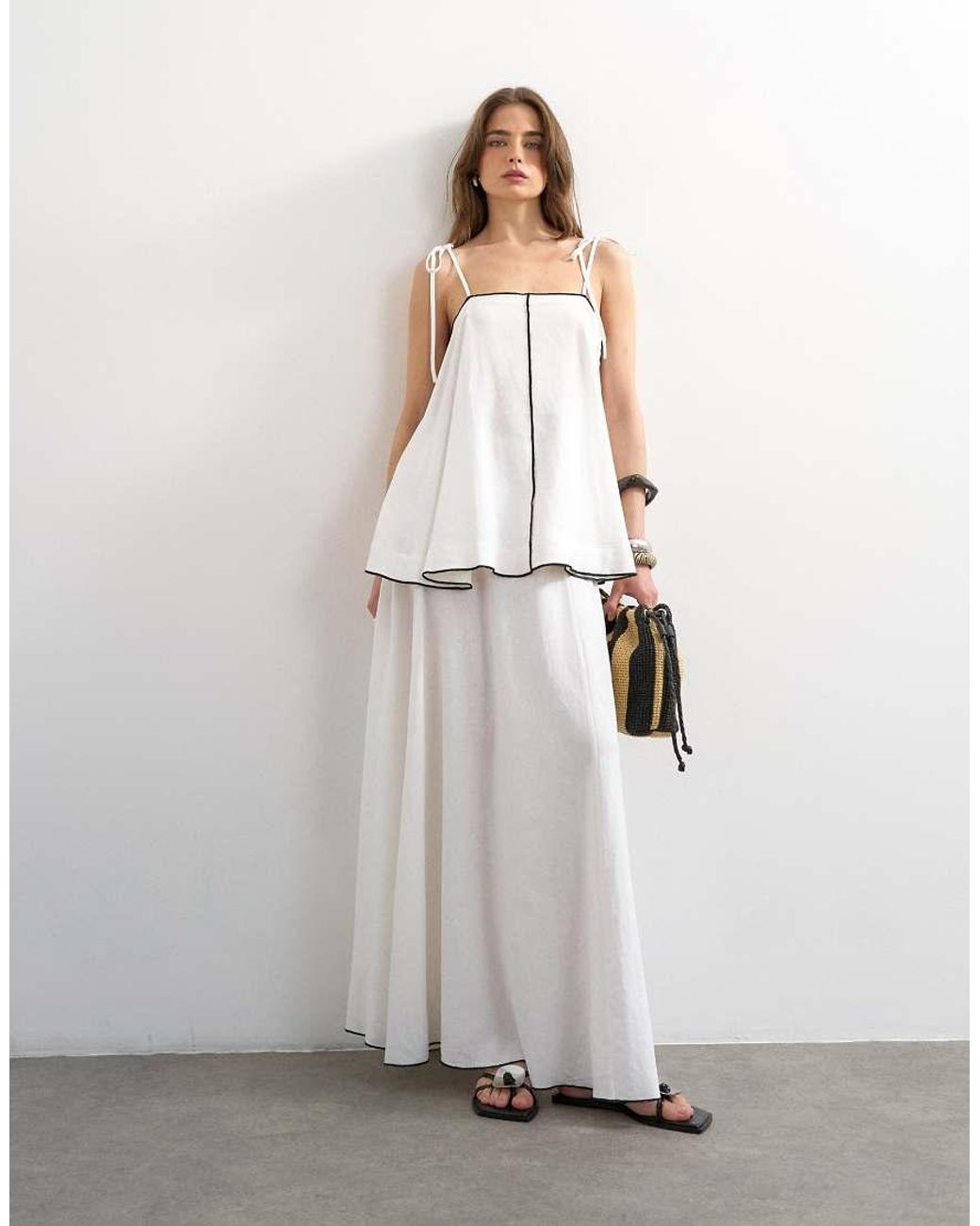 TOPSHOP White Co-Ord Heavy Linen Rich Maxi Skirt With Contrast Piping