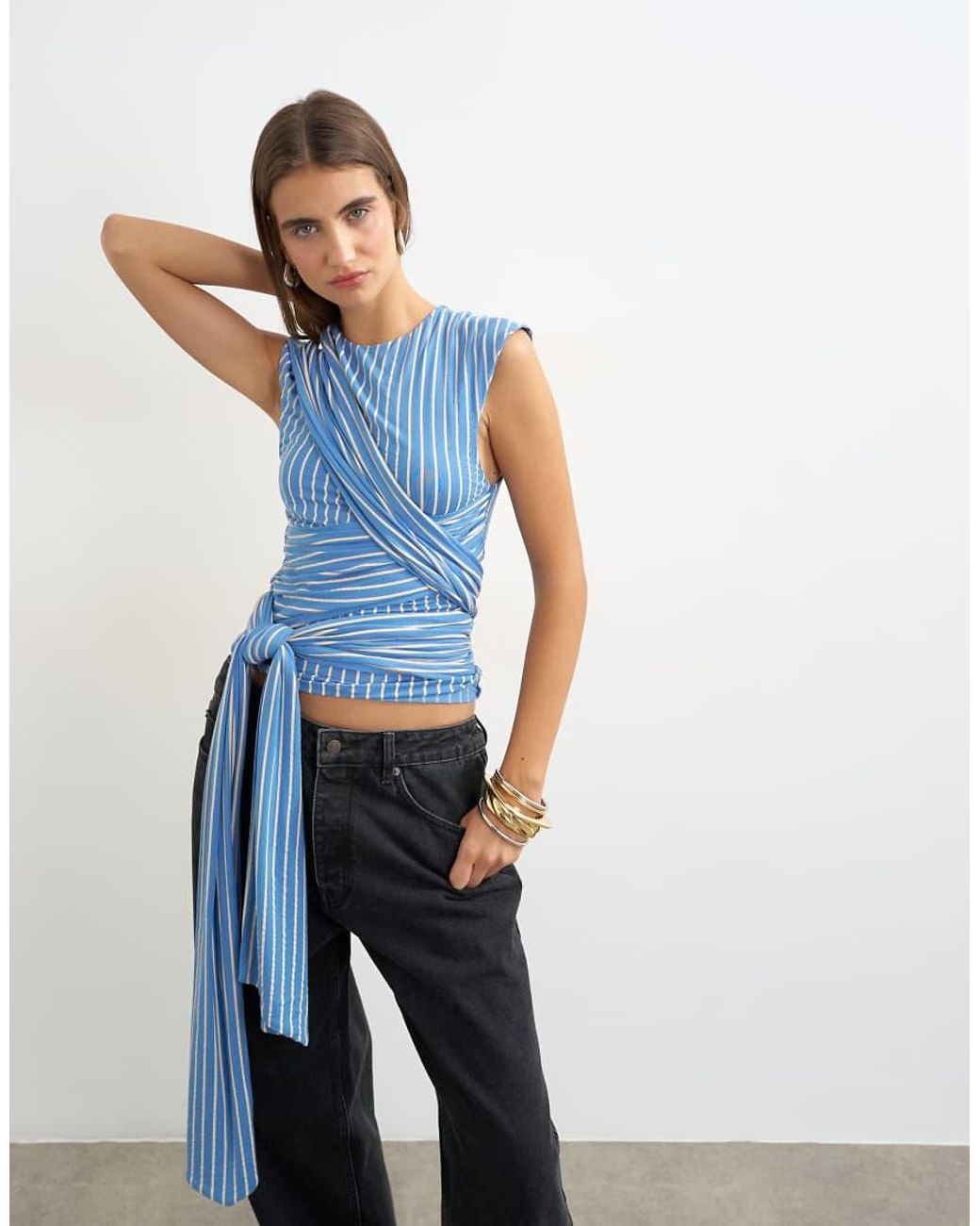 TOPSHOP Blue Stripe Wrap Detail Tee