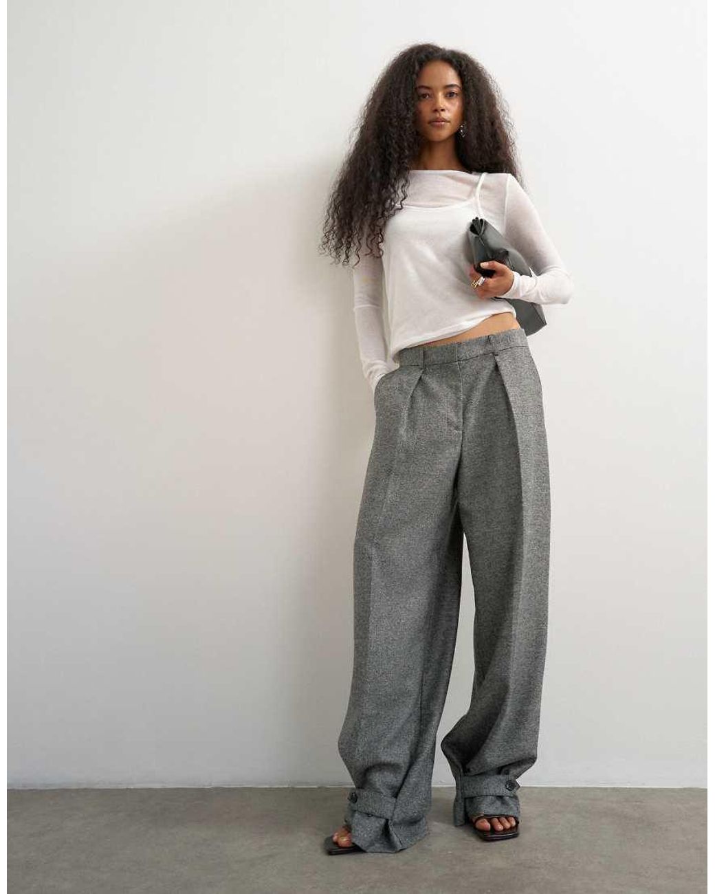 TOPSHOP Gray Tailored Cuff Hem Pleat Trouser