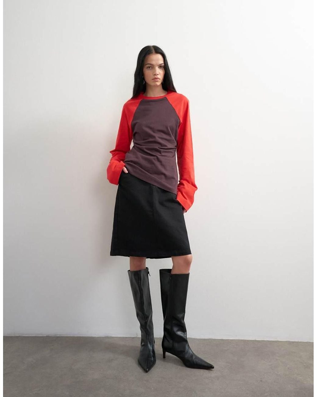 TOPSHOP Red Colour Block Cinched Waist Long Sleeve Raglan T-Shirt