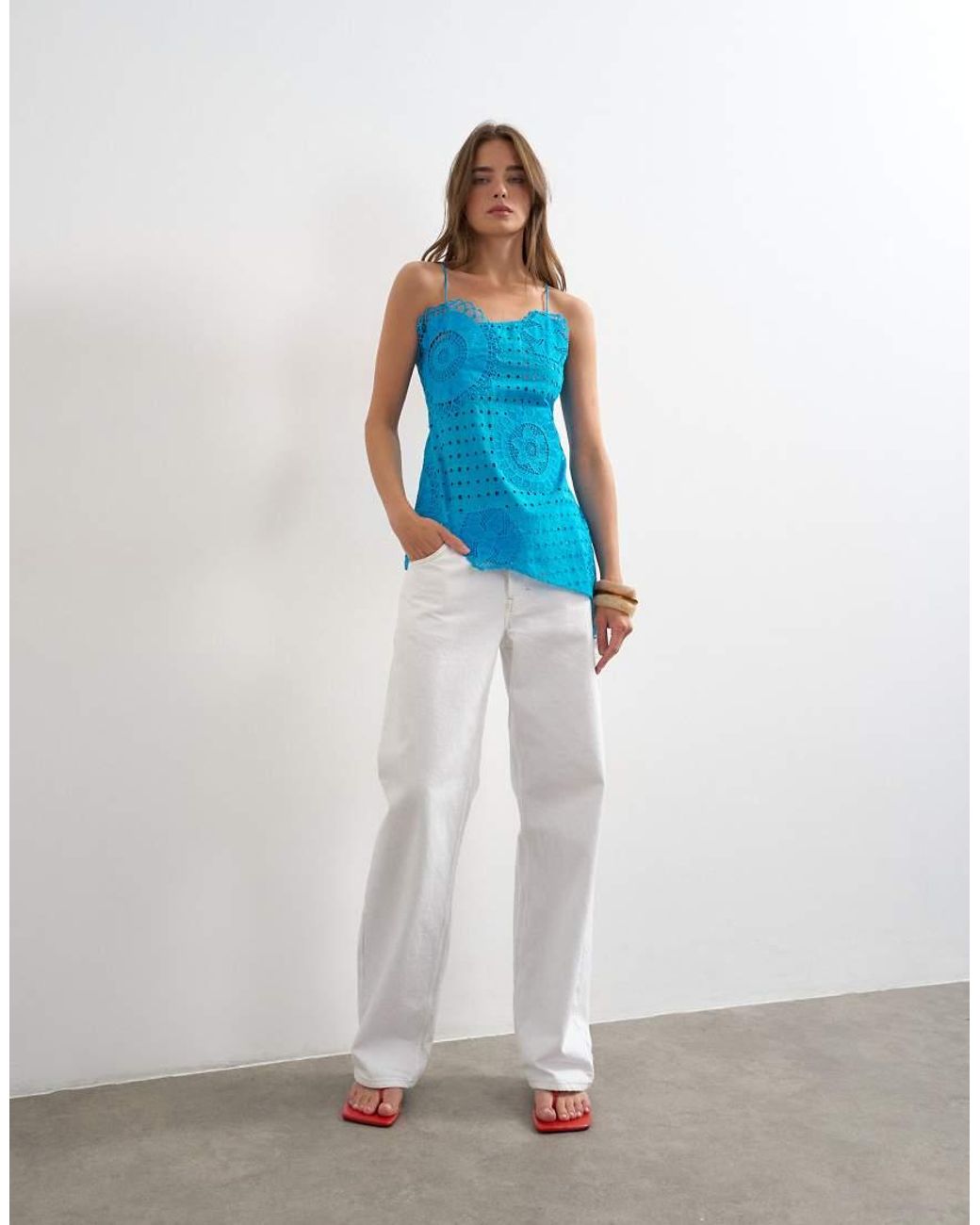 TOPSHOP Blue Broderie Embroidered Tie Back Cami