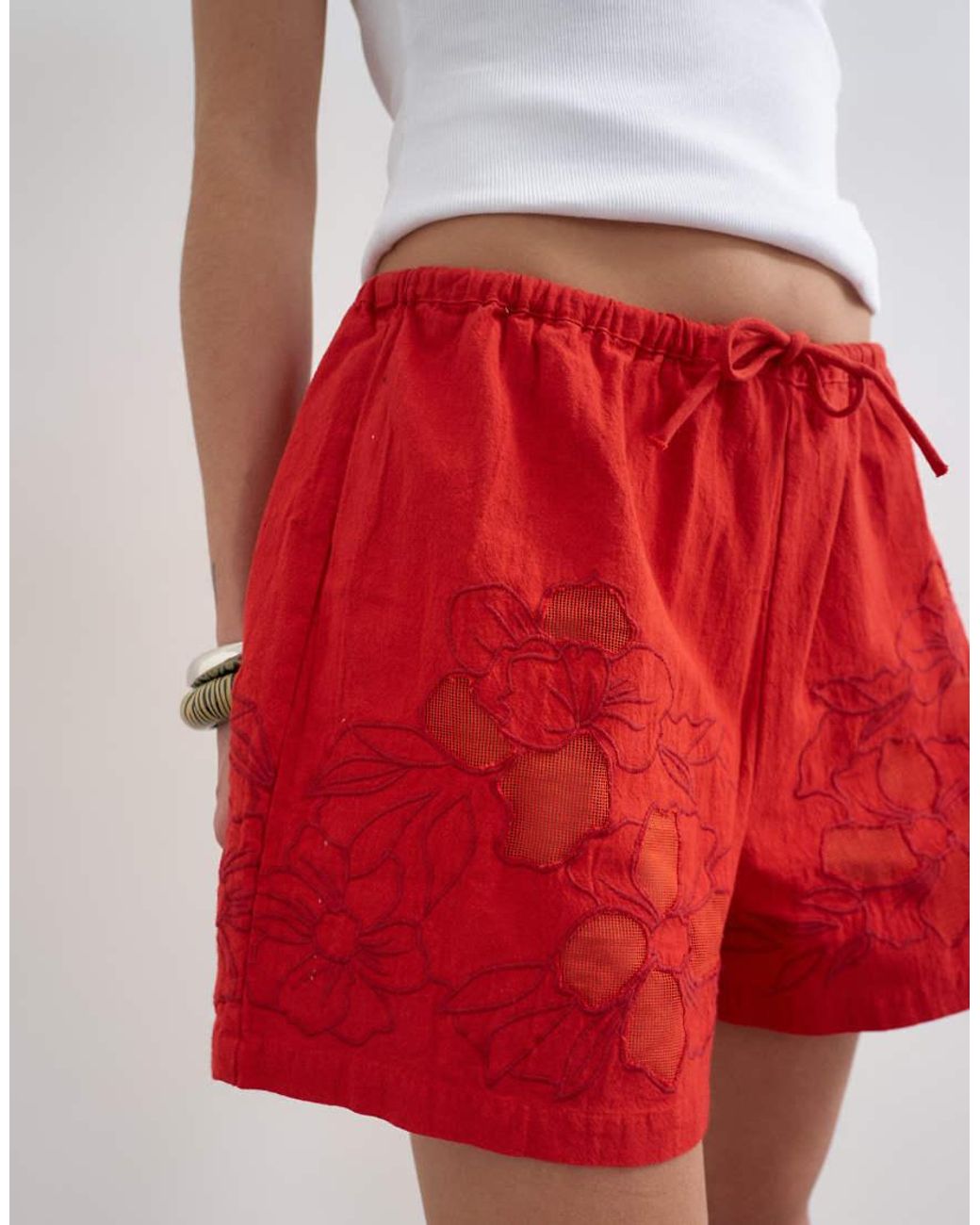 TOPSHOP Red Floral Applique Short