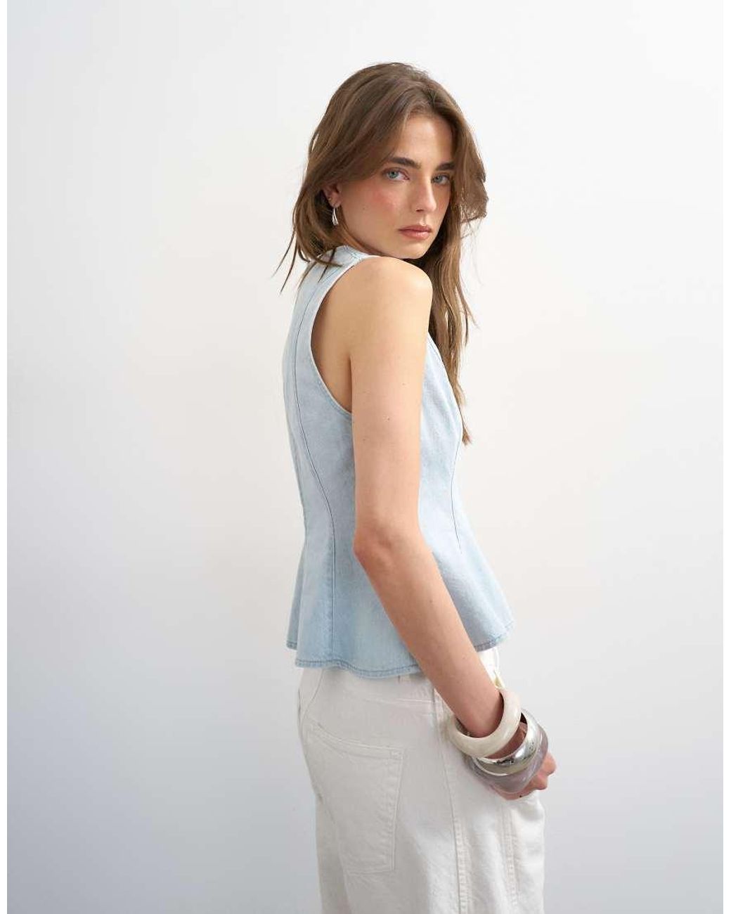 TOPSHOP Blue Denim Seamed Peplum Top
