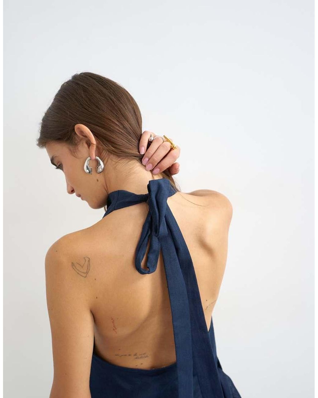 TOPSHOP Blue Linen Rich Cowl Tie Detail Top