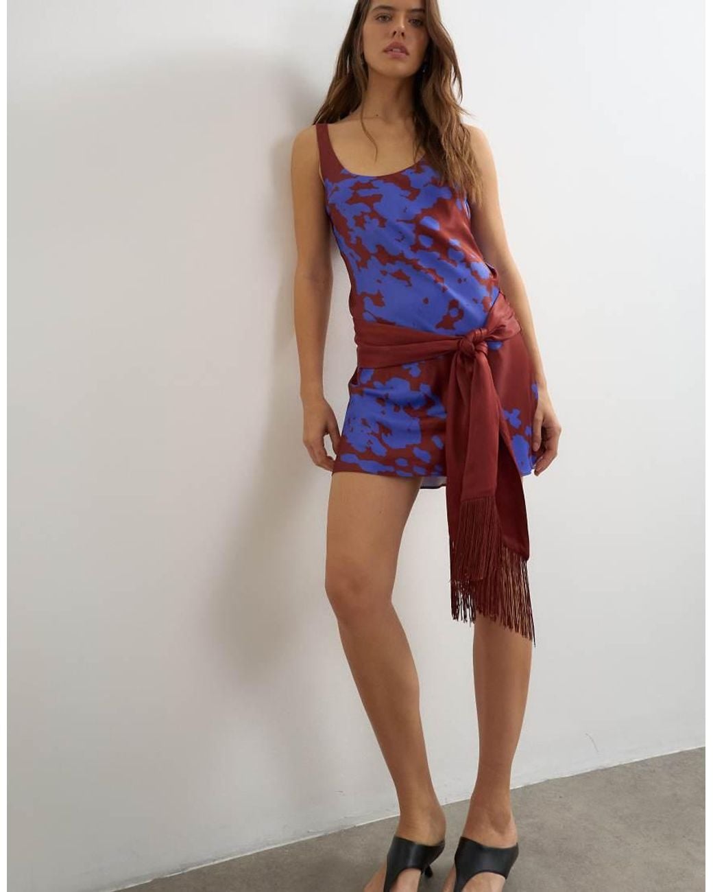 TOPSHOP Blue Satin Scoop Neck Dropped Waist Mini Dress With Fringed Tie
