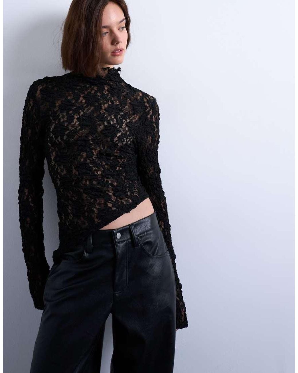 TOPSHOP Black Lace High Neck Long Sleeve Asymmetric Hem Top