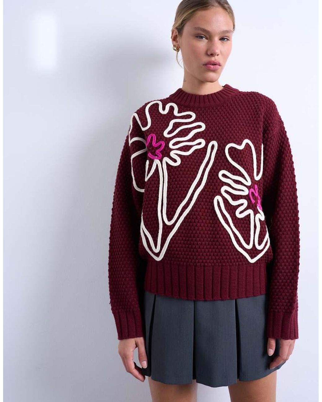 TOPSHOP Knit Embroidered Floral Sweater