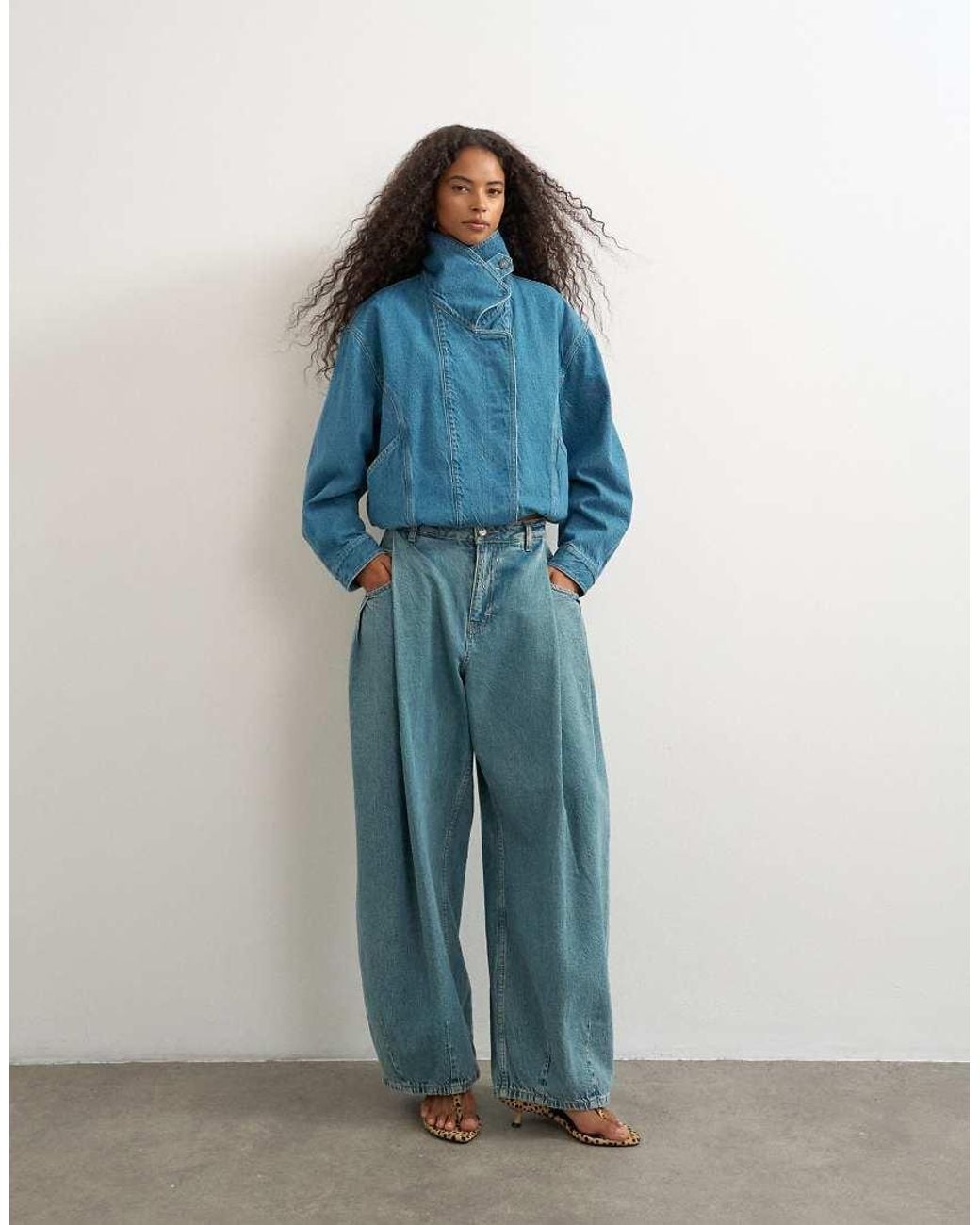TOPSHOP Blue Denim Elastic Waistband Bomber Jacket
