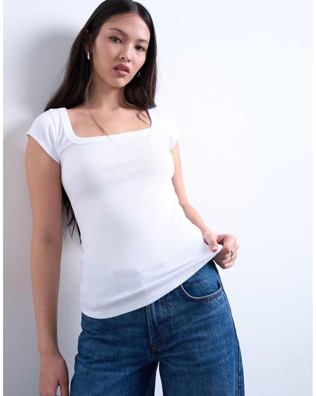 TOPSHOP White Square Neck Rib Cap Sleeve Tee