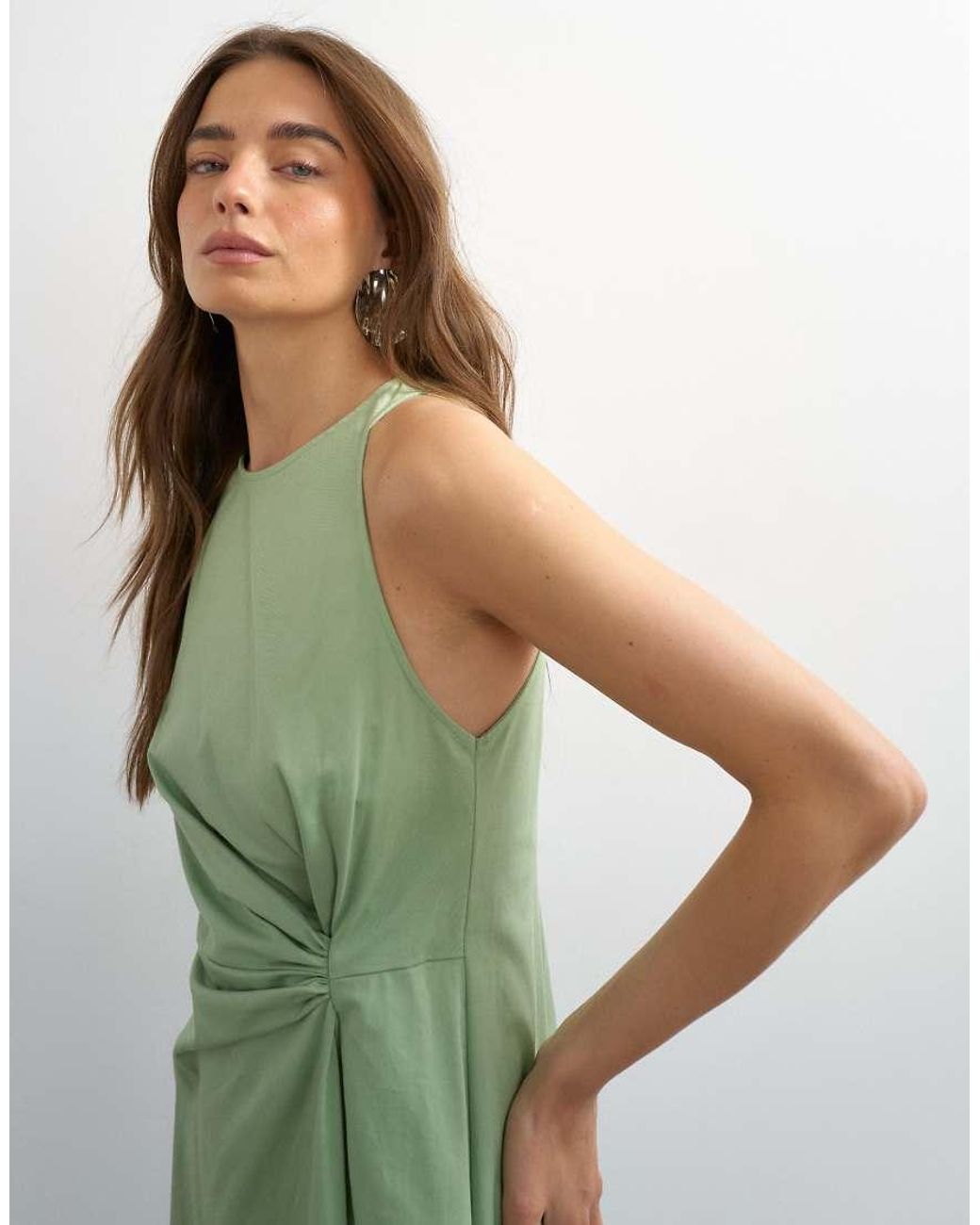 TOPSHOP Green Cotton Twill Racer Neck Maxi Dress With Tuck Side Detail