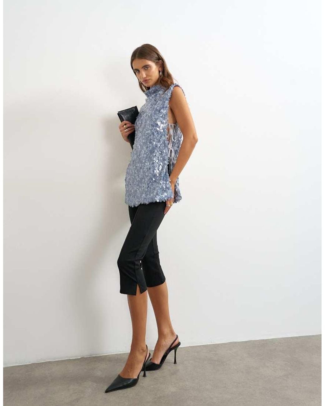 TOPSHOP Blue Mixed Sequin Tie Side Tunic Top