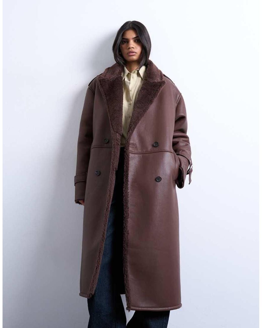 TOPSHOP Brown Longline Funnel Oversized Aviator Borg Coat