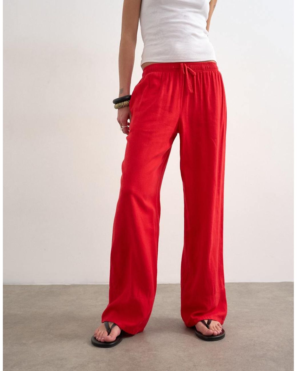 TOPSHOP Red Linen Straight Leg Trouser With Deep Cuff