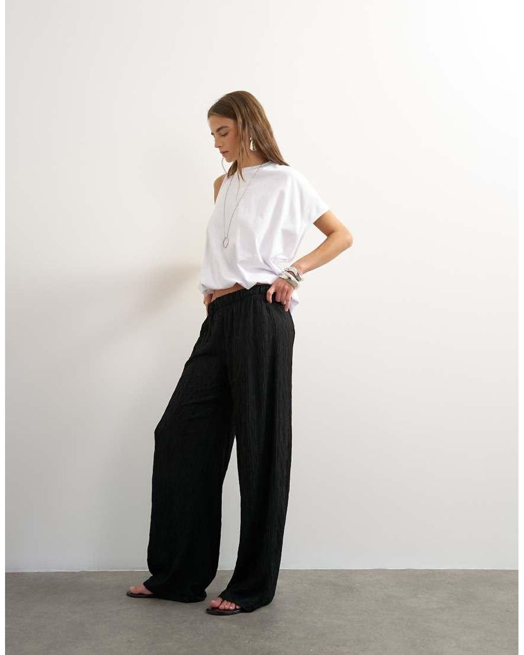 TOPSHOP White Plisse Jersey Wide Leg Trouser