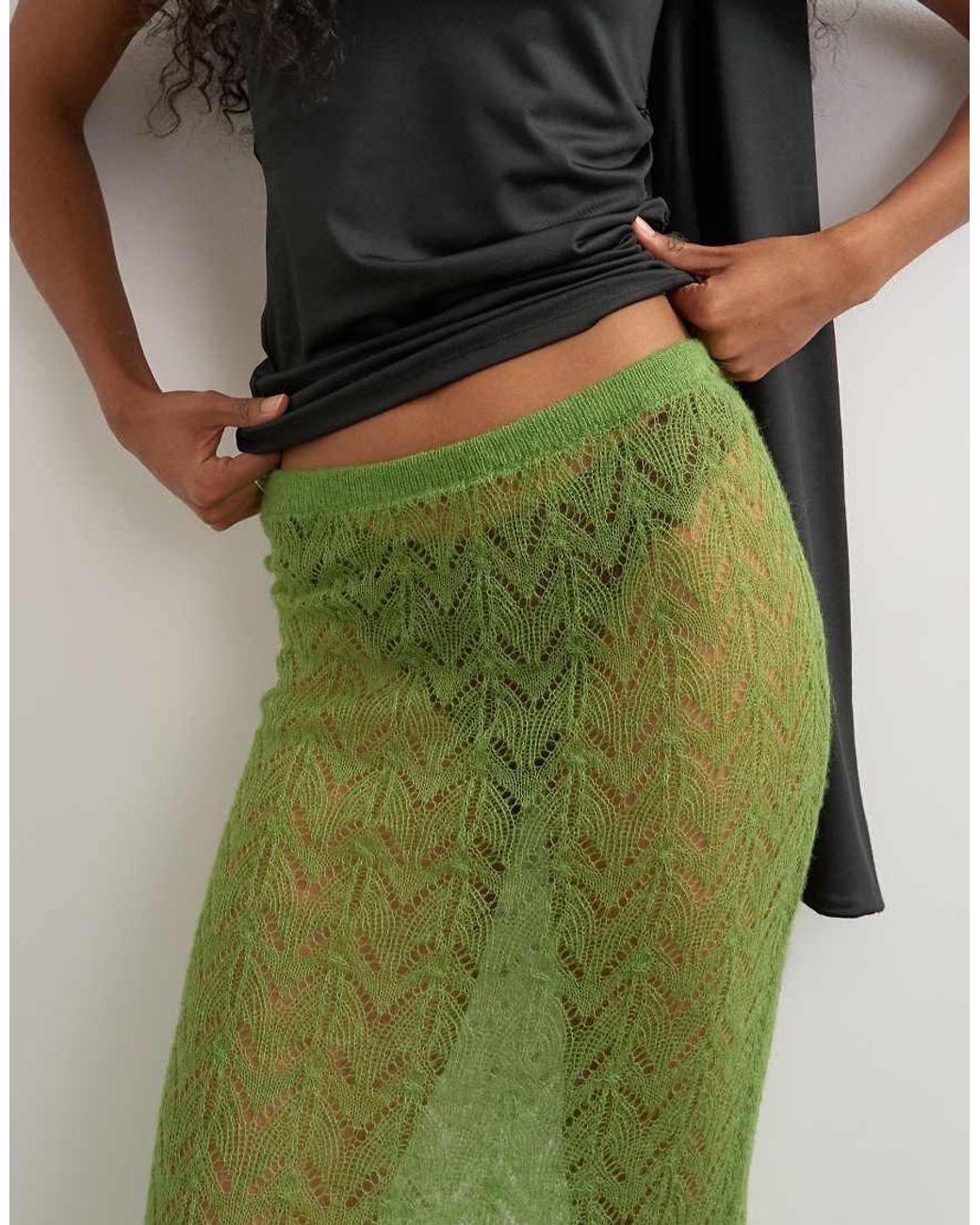 TOPSHOP Green Knitted Ruffle Hem Pointelle Midi Skirt With Wool
